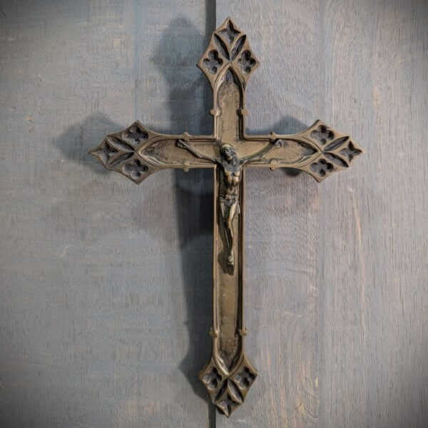 Post-War Solid Brass Gothic Wall Crucifix