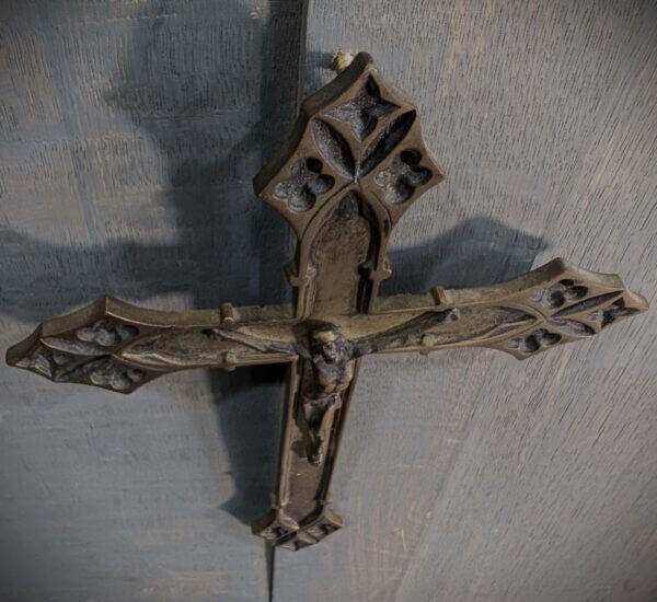 Post-War Solid Brass Gothic Wall Crucifix