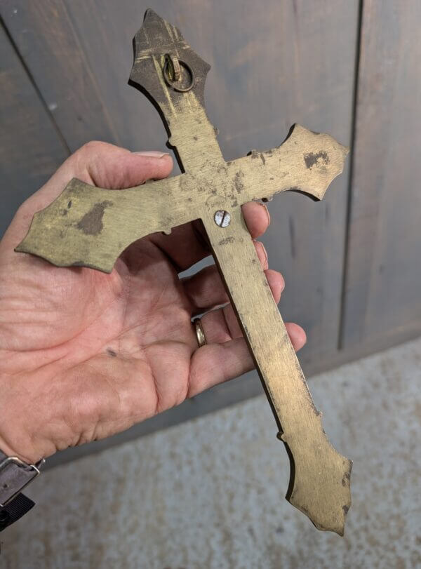 Post-War Solid Brass Gothic Wall Crucifix