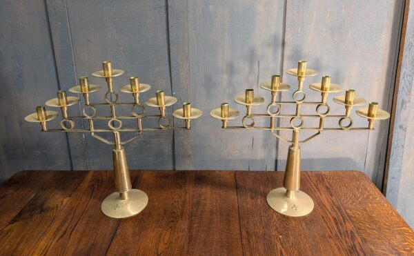 Post War Mid Century 7 Light Solid Brass High Style Church Benediction Candelabra