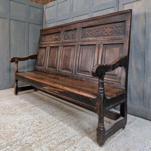 Handsome and Impressive Mid 18th Century Carved Dark Oak Settle Bench