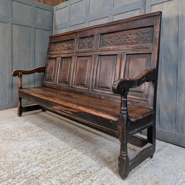 Handsome and Impressive Mid 18th Century Carved Dark Oak Settle Bench