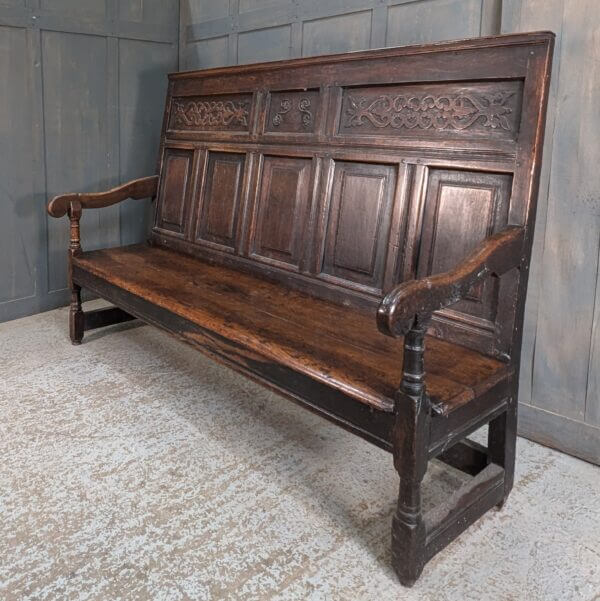 Handsome and Impressive Mid 18th Century Carved Dark Oak Settle Bench