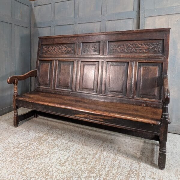 Handsome and Impressive Mid 18th Century Carved Dark Oak Settle Bench