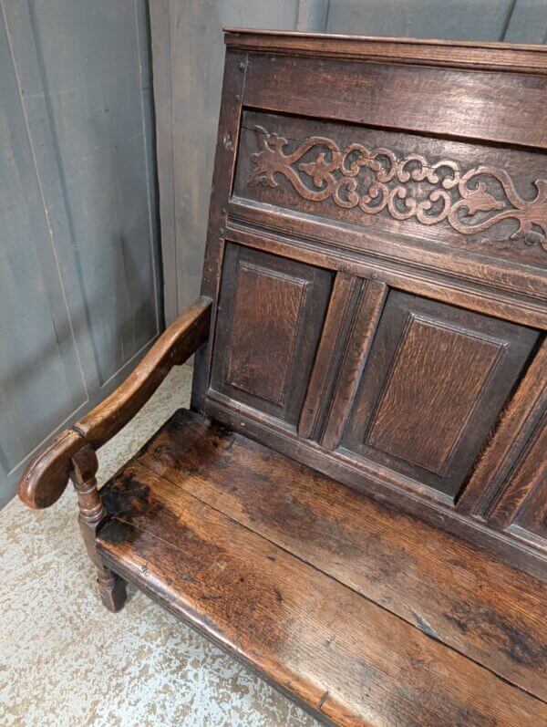 Handsome and Impressive Mid 18th Century Carved Dark Oak Settle Bench