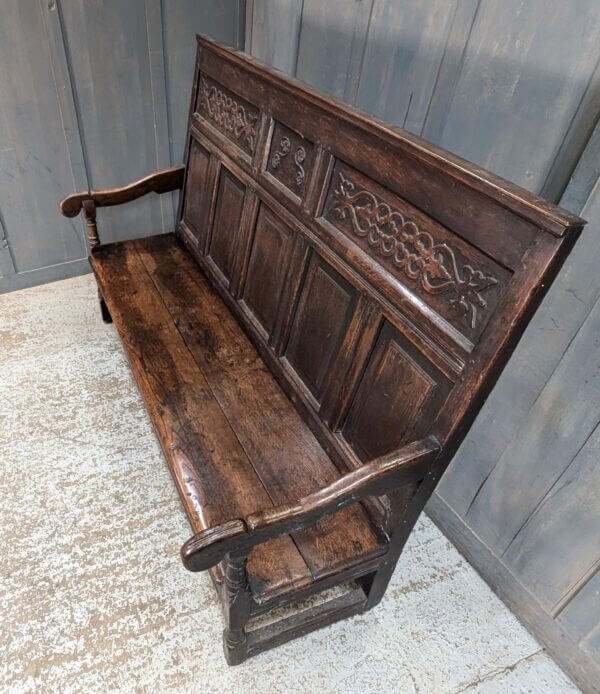 Handsome and Impressive Mid 18th Century Carved Dark Oak Settle Bench