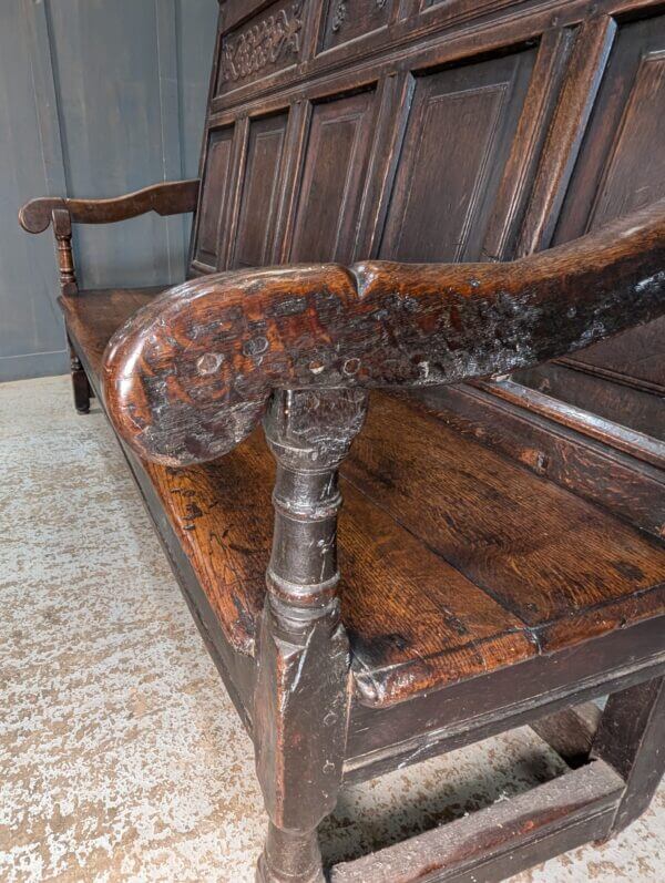 Handsome and Impressive Mid 18th Century Carved Dark Oak Settle Bench