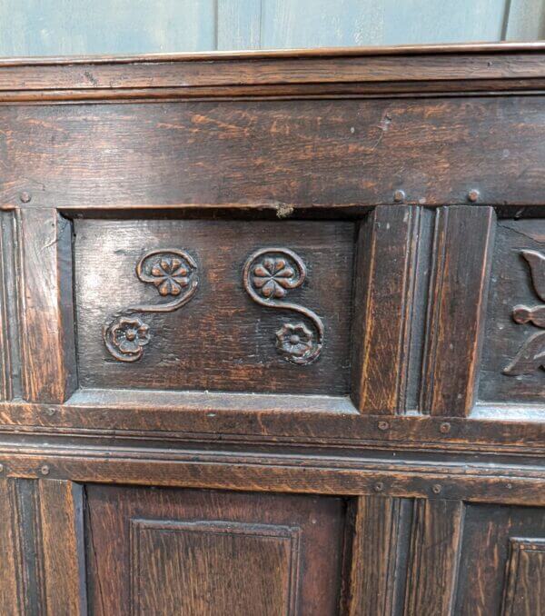 Handsome and Impressive Mid 18th Century Carved Dark Oak Settle Bench