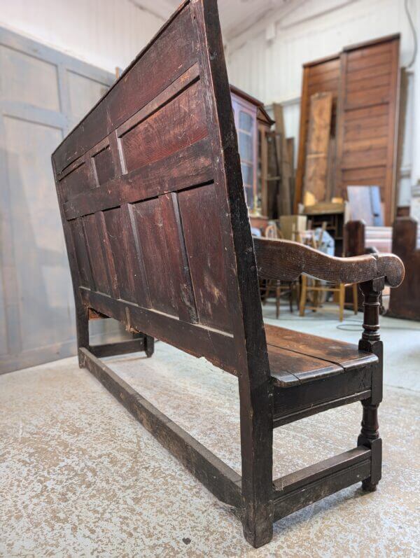 Handsome and Impressive Mid 18th Century Carved Dark Oak Settle Bench