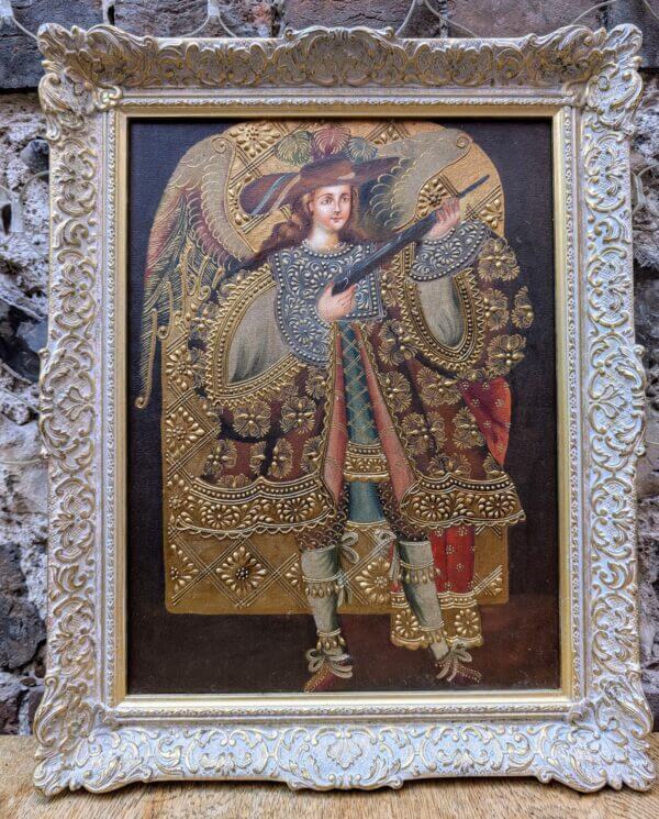 Archangel Michael with Gun Peruvian Cusco Style Orignal Oil Painting