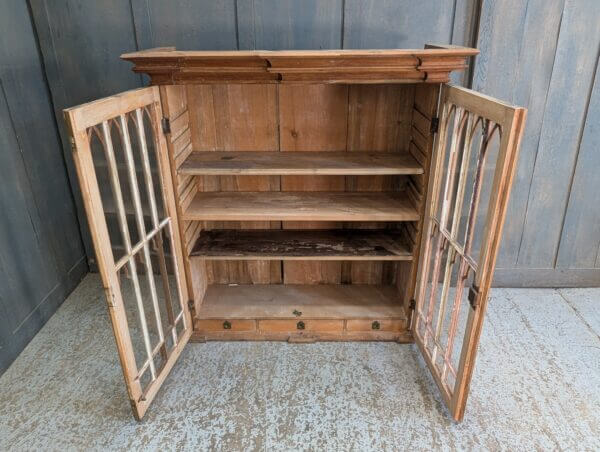 Sweet French Gothic Pine Glazed Cabinet Bookcase with Drawers