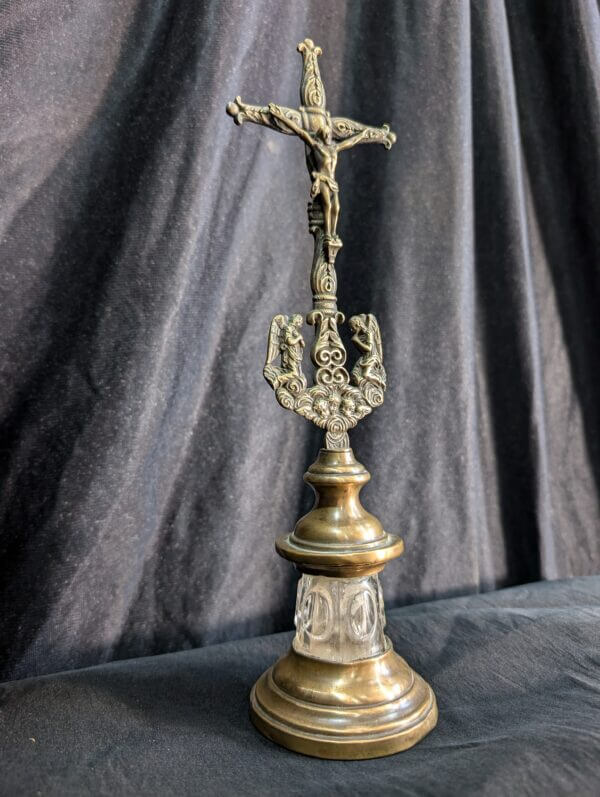 Unusual 1930's Vintage French Brass & Glass Crucifix with Praying Angels