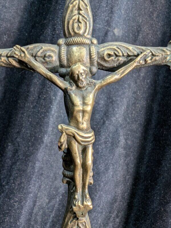 Unusual 1930's Vintage French Brass & Glass Crucifix with Praying Angels