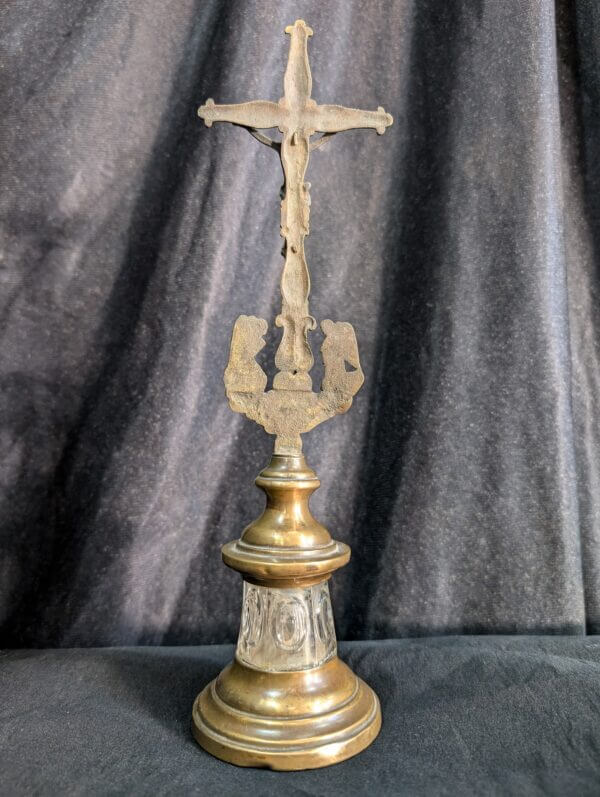 Unusual 1930's Vintage French Brass & Glass Crucifix with Praying Angels