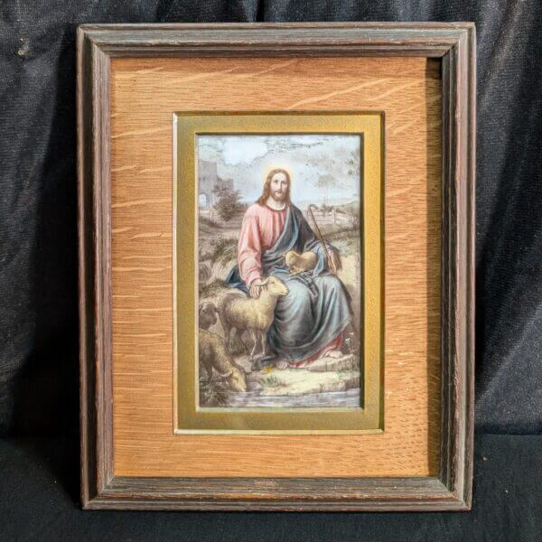 Exquisite Antique Miniature Watercolour on Porcelain of Christ the Good Shepherd