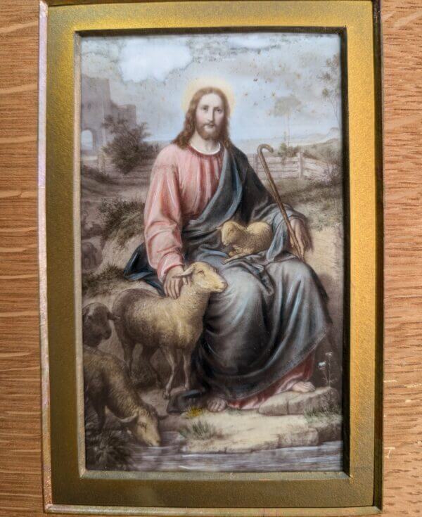 Exquisite Antique Miniature Watercolour on Porcelain of Christ the Good Shepherd