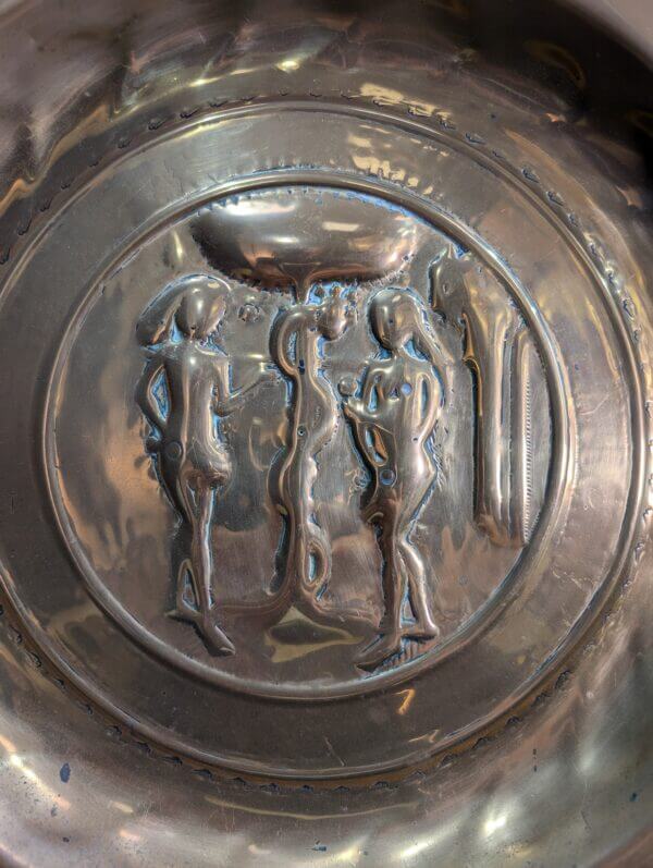 16th Century South German Large Brass Repousse Church Alms Dish depicting Adam & Eve