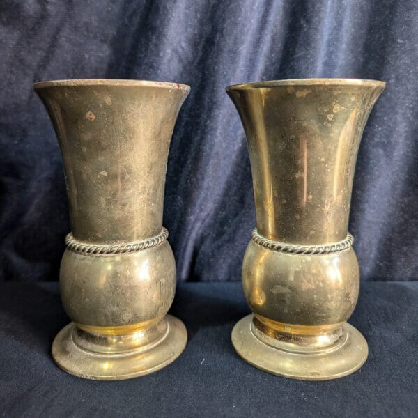 Two Heavy Vintage Brass Church Flower Vases With 'Rope' Girdles