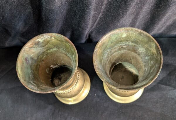 Two Heavy Vintage Brass Church Flower Vases With 'Rope' Girdles