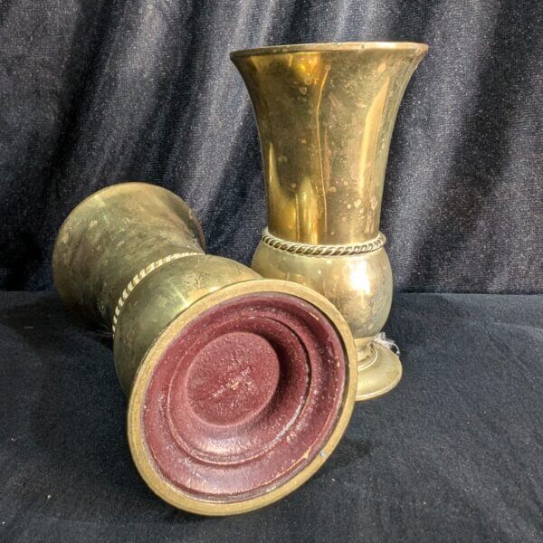 Two Heavy Vintage Brass Church Flower Vases With 'Rope' Girdles