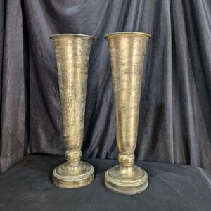 Two Modern Metal Church Flower Vases with Distressed Brass Effect