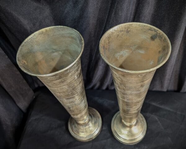 Two Modern Metal Church Flower Vases with Distressed Brass Effect