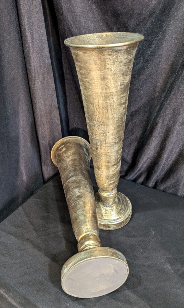 Two Modern Metal Church Flower Vases with Distressed Brass Effect