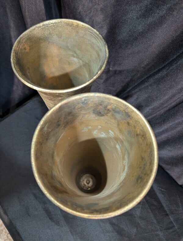 Two Modern Metal Church Flower Vases with Distressed Brass Effect