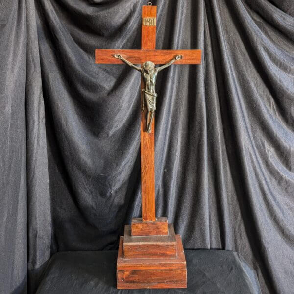 Tall French 1970's Vintage Metal & Oak Wall or Table Crucifix