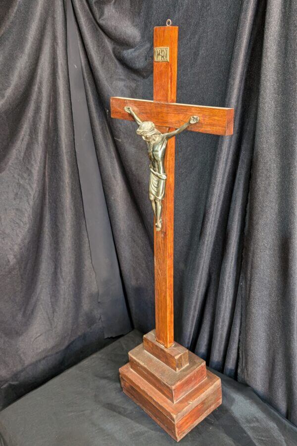 Tall French 1970's Vintage Metal & Oak Wall or Table Crucifix