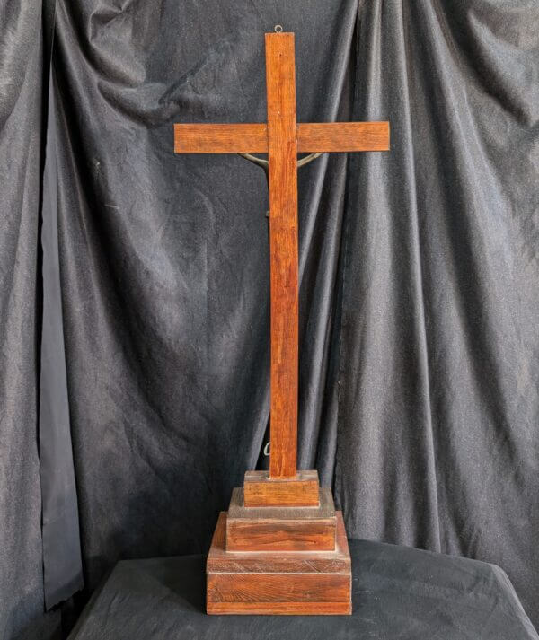 Tall French 1970's Vintage Metal & Oak Wall or Table Crucifix