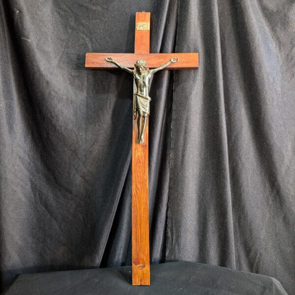 Tall French 1970's Vintage Metal & Oak Wall or Table Crucifix