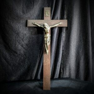 Tasteful Mid-Century French Metal & Oak Crucifix hued in Dull Gold