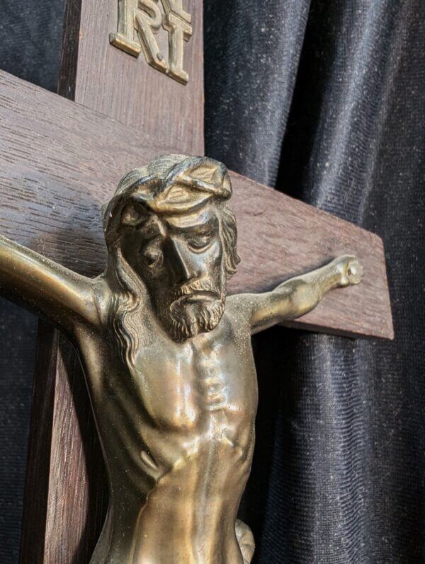 Tasteful Mid-Century French Metal & Oak Crucifix hued in Dull Gold