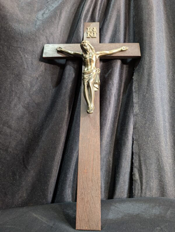 Tasteful Mid-Century French Metal & Oak Crucifix hued in Dull Gold