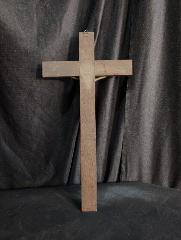 Tasteful Mid-Century French Metal & Oak Crucifix hued in Dull Gold