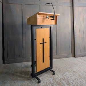 Good Looking 1970's Brutalist Black Steel & Oak Adjustable Church Lectern with Mike & Lead