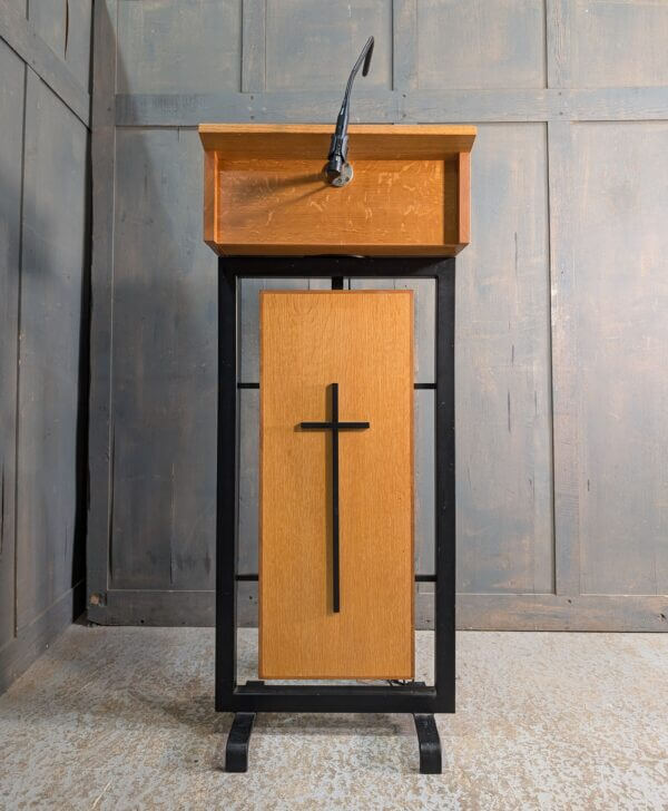 Good Looking 1970's Brutalist Black Steel & Oak Adjustable Church Lectern with Mike & Lead