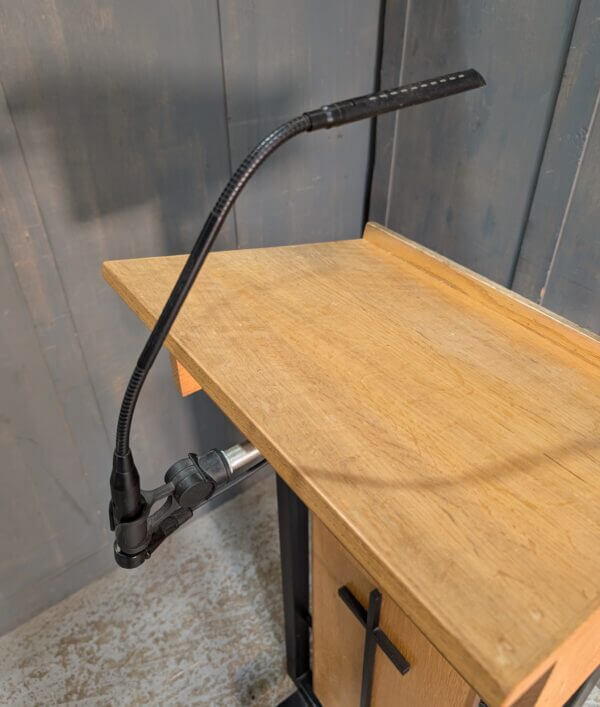 Good Looking 1970's Brutalist Black Steel & Oak Adjustable Church Lectern with Mike & Lead