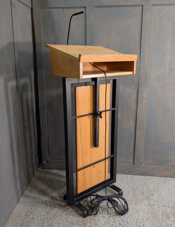 Good Looking 1970's Brutalist Black Steel & Oak Adjustable Church Lectern with Mike & Lead