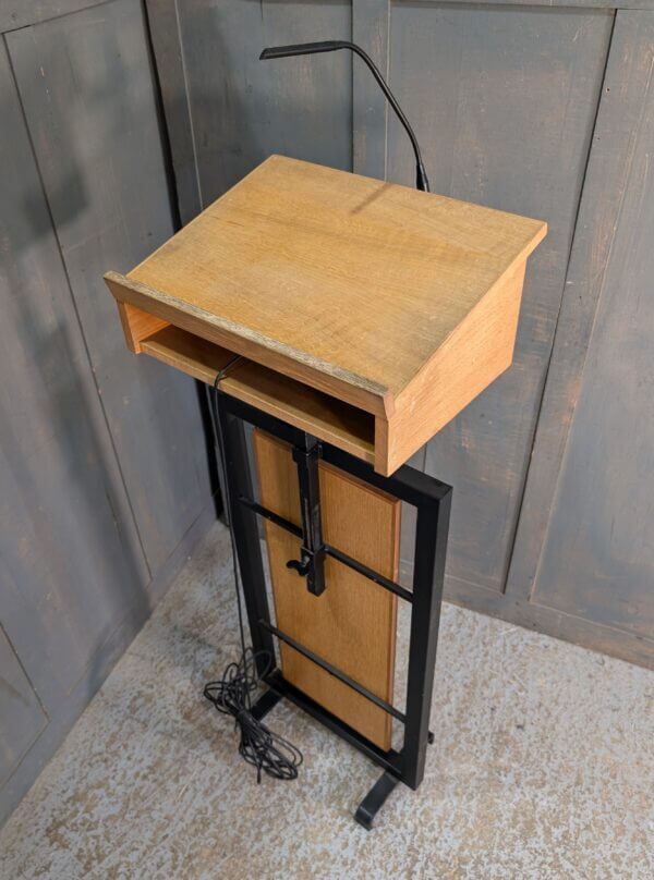 Good Looking 1970's Brutalist Black Steel & Oak Adjustable Church Lectern with Mike & Lead