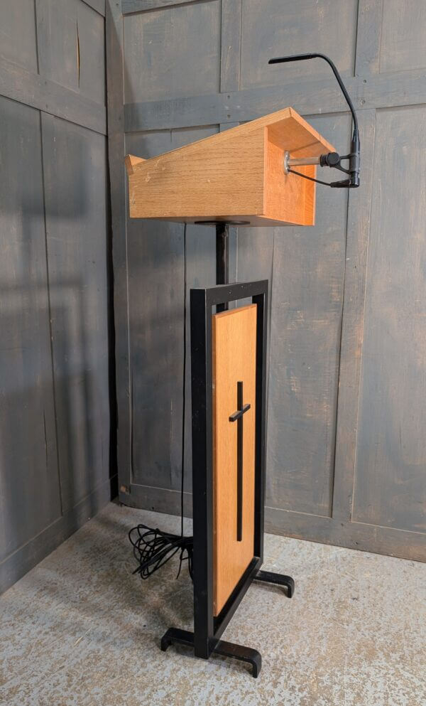 Good Looking 1970's Brutalist Black Steel & Oak Adjustable Church Lectern with Mike & Lead