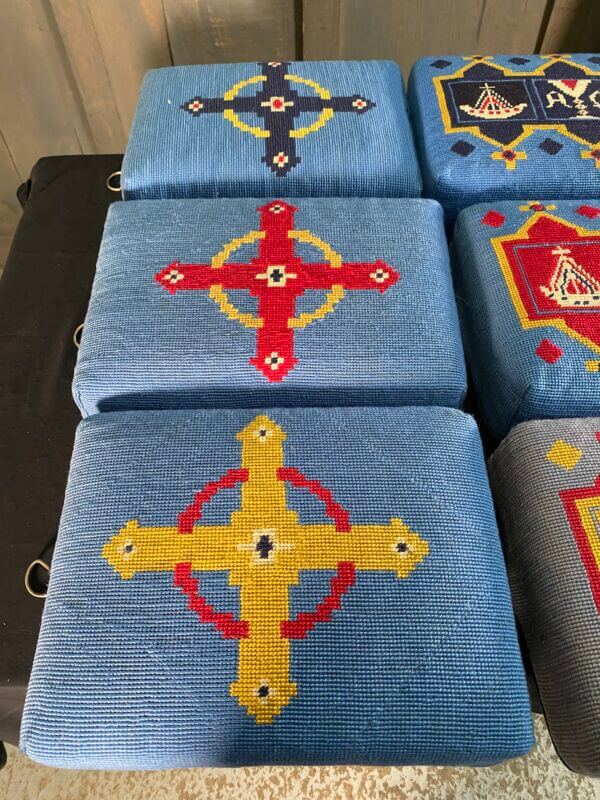 Beautiful Group of Nine Blue Hand Embroidered Church Hassocks with Resin Base from Holy Trinity Church Redhill