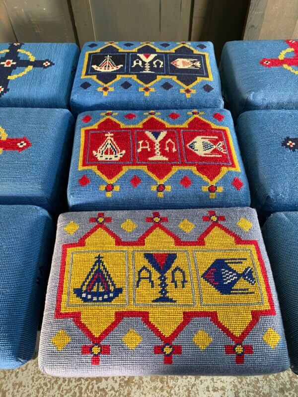 Beautiful Group of Nine Blue Hand Embroidered Church Hassocks with Resin Base from Holy Trinity Church Redhill