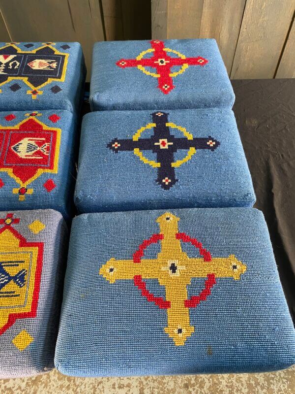 Beautiful Group of Nine Blue Hand Embroidered Church Hassocks with Resin Base from Holy Trinity Church Redhill