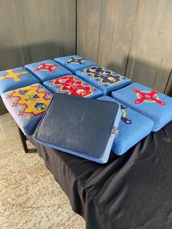 Beautiful Group of Nine Blue Hand Embroidered Church Hassocks with Resin Base from Holy Trinity Church Redhill