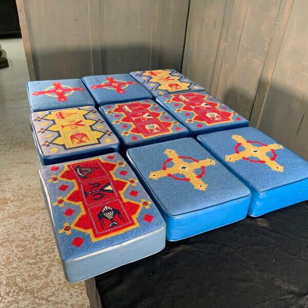 Beautiful Group of Nine Blue Hand Embroidered Church Kneelers Hassocks Cushions from Holy Trinity Church Redhill