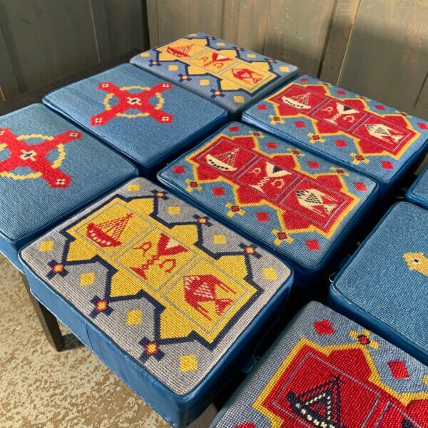 Beautiful Group of Nine Blue Hand Embroidered Church Kneelers Hassocks Cushions from Holy Trinity Church Redhill