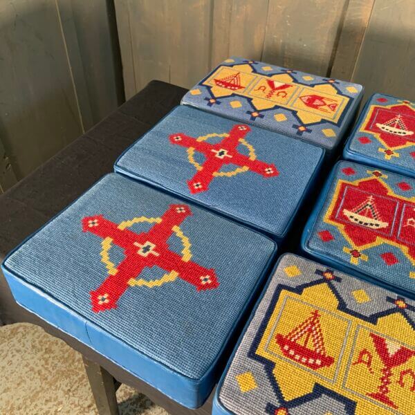 Beautiful Group of Nine Blue Hand Embroidered Church Kneelers Hassocks Cushions from Holy Trinity Church Redhill