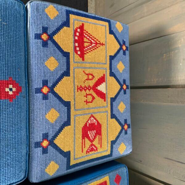 Beautiful Group of Nine Blue Hand Embroidered Church Kneelers Hassocks Cushions from Holy Trinity Church Redhill